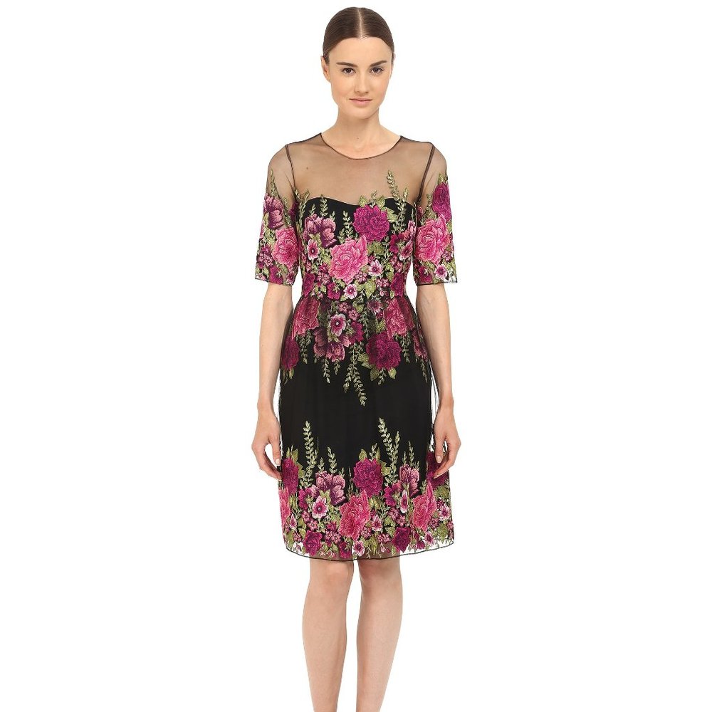 Marchesa Notte Tulle Embroidered Cocktail Dress